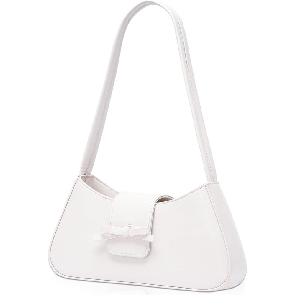 White Faux Leather Shoulder Bag Women Elegant Small Bow Trendy Everyday